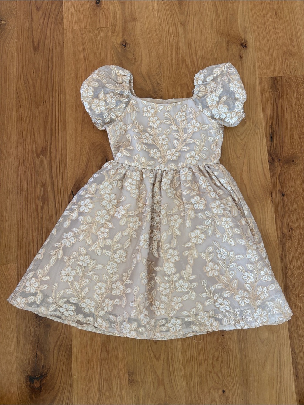 Rare Editions Floral Embroidered Puff Sleeve Dress in Light Beige